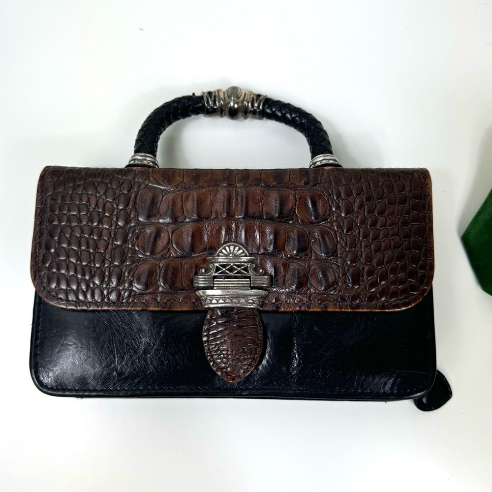 Brighton Boston Black and Brown Leather Small Top Handle Wallet Croc Embossed